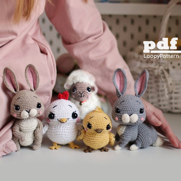 Modèle au crochet 5 en 1, jouet lapin Amigurumi, idée cadeau de Pâques, tutoriel pdf poulet au crochet, cadeau de bricolage pour bébé mouton