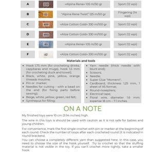 May include: A chart with instructions for crocheting capybaras. The chart lists the yarn color, brand, and weight needed for the project. It also includes a list of materials and tools, such as hooks, needles, and felt.