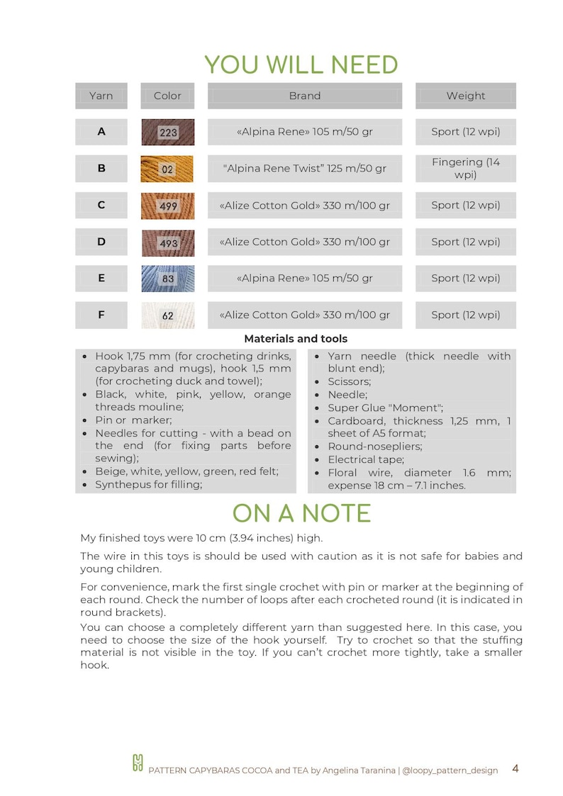 May include: A chart with instructions for crocheting capybaras. The chart lists the yarn color, brand, and weight needed for the project. It also includes a list of materials and tools, such as hooks, needles, and felt.