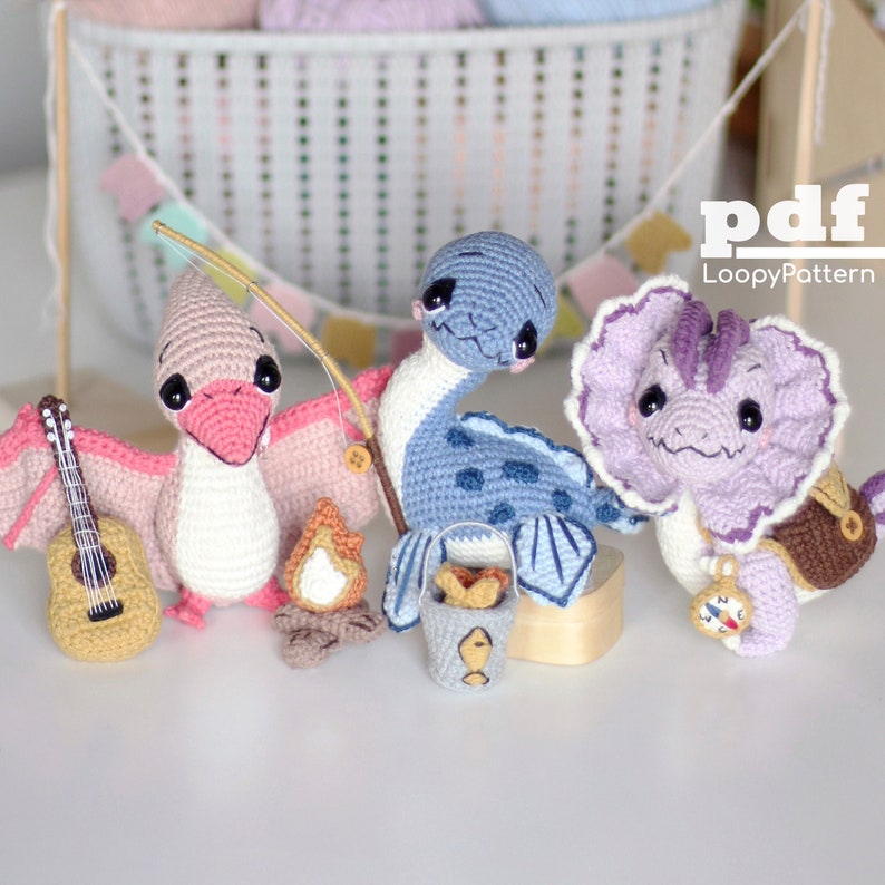 3 in 1 Häkelanleitung Dinosaurier 3 Amigurumi, Dilophosaurus, Pterodaktylus, Plesiosaurus, Pdf-Muster Bild 1