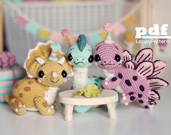 3 in 1 Häkelanleitung Dinosaurier #1 Amigurumi Spielzeug Triceratops, Dinosaurier Brachiosaurus, PDF Stegosaurus Tutorial, süße Spielzeuge fürs Kinderzimmer