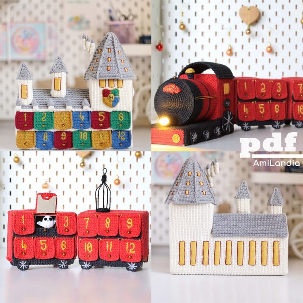 Modèle au crochet magique 2 en 1 : train express et calendrier de l'Avent château d'école avec objets magiques Amigurumi par AmiLandiaPatterns