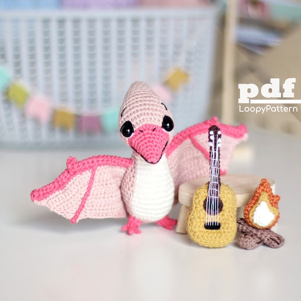 Modèle au crochet dinosaure Pterodactyl amigurumi, téléchargement numérique PDF, tutoriel jouet DIY, doudou guitare