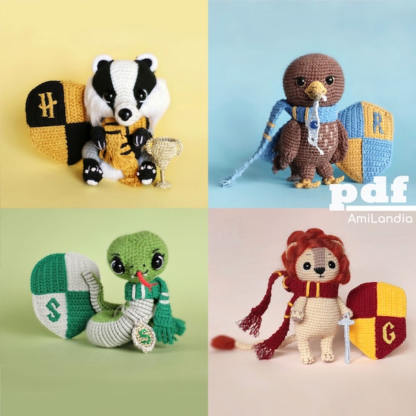 4 in 1 Maskottchen häkeln Muster, PDF Digitaler Download Amigurumi Dachs, gehäkelter Löwe, Spielzeugschlange, Adler, DIY Zauberer Emblem