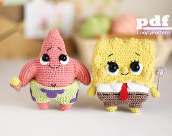 May include: Two crocheted figures of cartoon characters. One is pink with a starfish shape, wearing green shorts with purple trim. The other is yellow, square-shaped, with a white shirt, red tie, and brown pants. The figures have black eyes and are smiling.