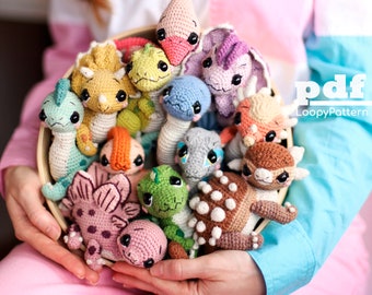 12 in 1 Crochet pattern dinosaurs bundle amigurumi pdf tutorial, jurassic world crochet collection, diy cute dino toy for boy