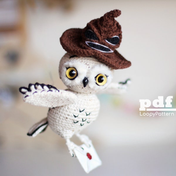 Patrón de ganchillo Búho, Descarga Digital PDF, DIY Amigurumi Hedwig Búho juguete con sombrero de mago, amigurumi Halloween, idiomas inglés y holandés