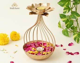Metal Lotus Tealight Candle Holder – Diwali Decor, Festive Centerpiece, Unique Candle Stand 9.5”
