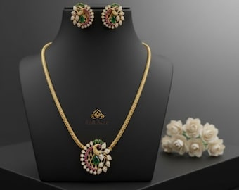 Ethnic South Indian Gold Plated Peacock Necklace Set, Traditional Bridal Jewelry