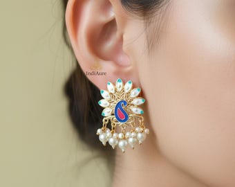 Peacock Pearl Stud Earrings Mini | Ethnic Indian Festive Jewelry | Traditional Bridal Wedding Earrings