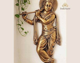 Metal Lord Krishna Wall Hanging | Brass Gold Color Decor | Hindu Spiritual Home Art