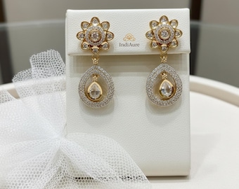 Ethnic Gold Plated Moissanite Earrings, Minimal Indian Jewelry, Handmade Bridal Studs