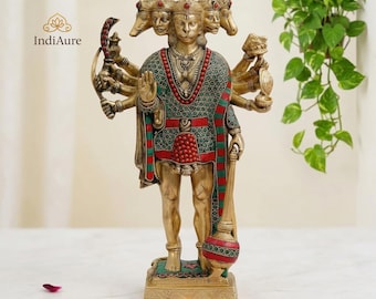 Brass Panchmukhi Hanuman Idol Standing | Golden Stone Work Hanuman Statue