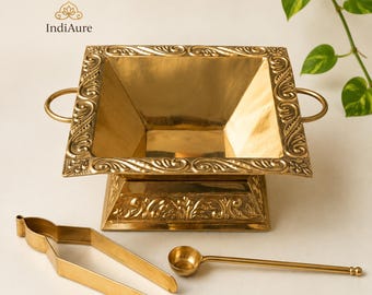 Handcrafted Brass Hawan Kund with Stand | Yagya Havan Kund | Agnihotra Fire Pit | Pooja Set