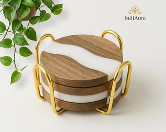 Modern Wood Resin Coaster Set Gold Stand, Set Of 4 for Home & Kitchen Decor