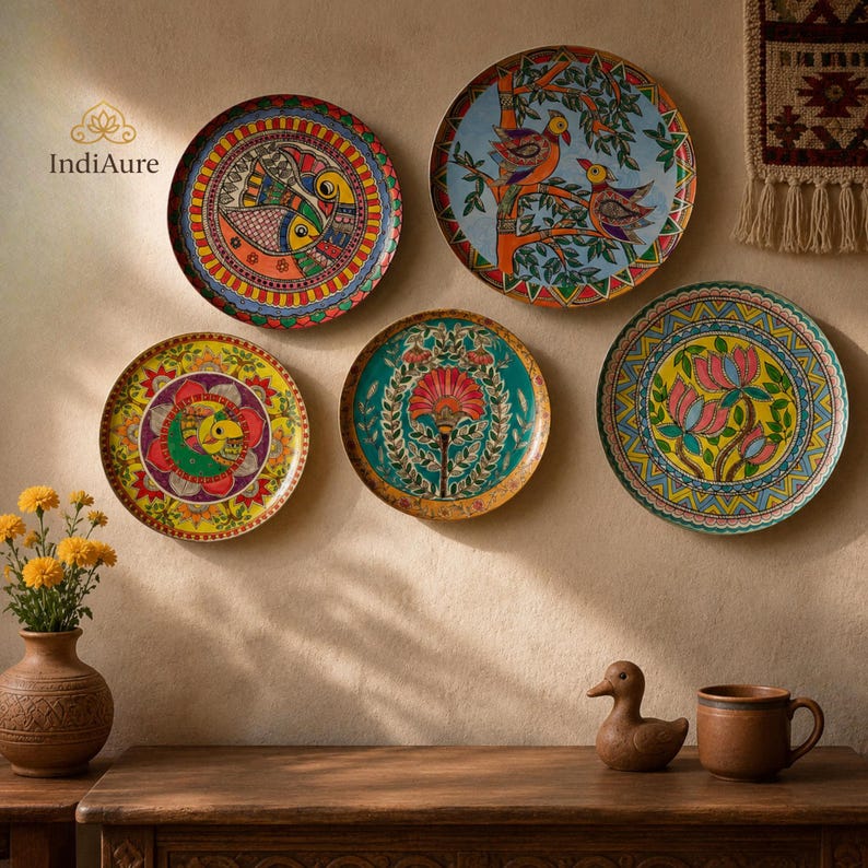 May include: Five circular decorative plates with vibrant hand-painted patterns featuring birds, fish, and floral motifs in shades of blue, yellow, red, and green. The plates are arranged on a wall above a wooden table with a vase and a duck figurine.