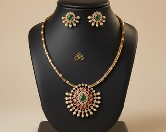 Ethnic Gold Plated Traditional AD Necklace Set | Indian Bridal Jewelry | Wedding Festive Wear
