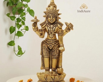 Brass Lotus Narayan Idol 5.7” | Kamal Vishnu Statue | Standing Vishnu Murti for Pooja Decor