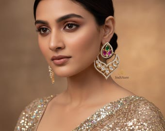 Gold Plated Moissanite Leaf Earrings | Ethnic Diamond Look Dangle | Traditional Indian Jewelry