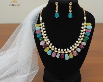 Ethnic Indian Gold Plated Meenakari Kundan Necklace Set | Bridal Jewelry | Traditional Rajasthani Wedding Necklace