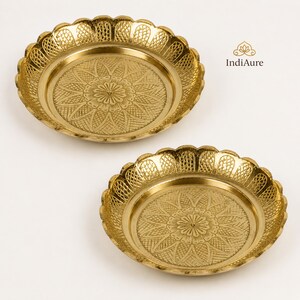 Set of 2 Pure Brass Engraved Flower Design Plates | Handcrafted Prasad Puja Plate