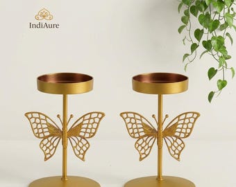 Golden Butterfly Tealight Candle Holder Set of 2 | Metal Festive Home Decor