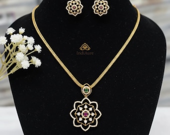 South Indian Style AD Gold Plated Minimal Necklace Set | Ethnic Traditional Jewelry