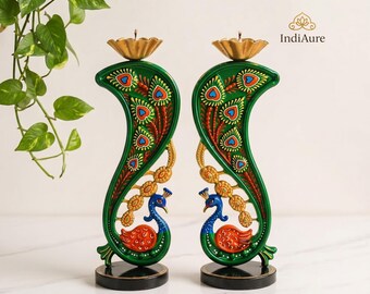 Hand Painted Peacock Tealight Candle Holder Set of 2, Metal Indian Home Decor