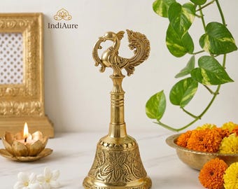 Brass Pooja Bell Peacock Design | Temple Ghanti for Mandir | Festive Home Decor