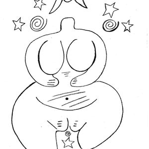 Può includere: Un disegno in bianco e nero di una figura femminile stilizzata con un simbolo di luna crescente sopra la sua testa. La figura è circondata da stelle e motivi a spirale.