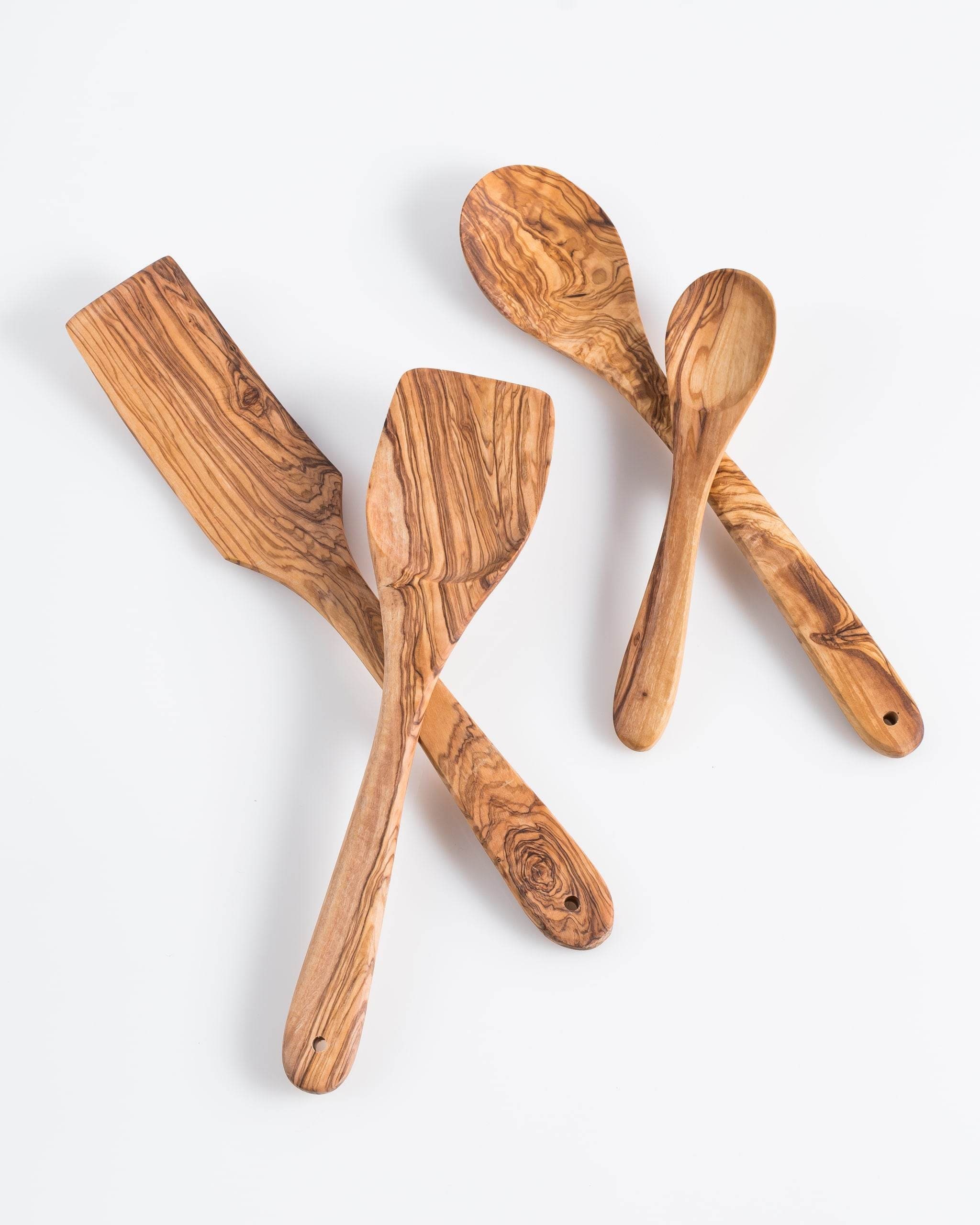 Darido Cuillères En Bois D'Olivier - Set De 4 - 30cm - Fait Main - Résistant Chaleur