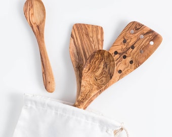 Lot de 4 ustensiles de cuisine en bois d'olivier Darido - cuillère, spatule, spatule à fentes + petites cuillères