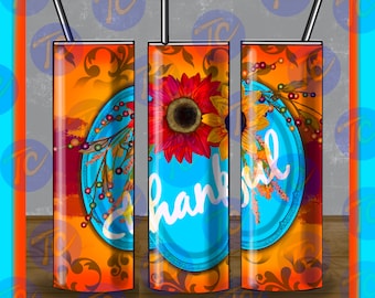 Fall Blue Pumpkin Tumbler Wrap: Thanksgiving Sunflower Design (JPEG Digital Download)