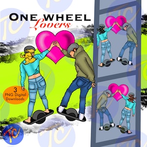 May include: A digital illustration of two people riding one-wheeled electric skateboards. They are holding a large pink heart between them. The text "ONE WHEEL Lovers" is at the top of the image. There are three PNG digital downloads.