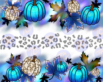 Fall Pumpkin Blue ~ 20oz Tumbler Wrap Digital Download PNG ~ Blue Leopard ~ Leaves ~ Victorian Pumpkin