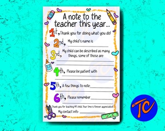 Teacher Thank You Card Parent Note Printable, Back to school