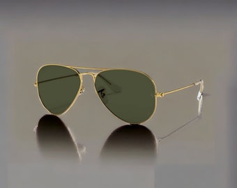 Lunettes de soleil aviateur élégantes pour hommes et femmes | Stores aviateurs vintage classiques | Verres emblématiques G-15, monture en or noir | Cadeau pour elle et lui