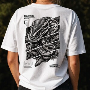 Könnte beinhalten: Ein weißes T-Shirt mit einer schwarz-weißen Grafik auf der Rückseite, die einen Königspython mit herausgestreckter Zunge zeigt. Das Design enthält den Text BALL PYTHON, REPTILES, PYTHONIDAE und DIVISION 09 sowie geometrische Rahmenelemente.