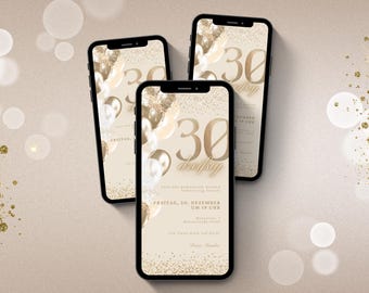 eCARD Birthday Party Invitation for a Woman's 30th Birthday | Gold Beige WhatsApp Digital Birthday Invitation Card Template