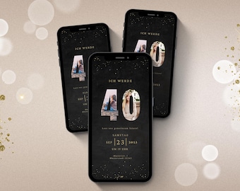 Digital WhatsApp invitation for a 40th birthday | Electronic birthday invitation for a 40th birthday party | Digital birthday card | Gold photo eCard
