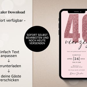 Convite digital para WhatsApp para aniversário de 40 anos | Convite eletrônico de aniversário para festa de 40 anos | Cartão de aniversário digital | Cartão eletrônico rosa imagem 2