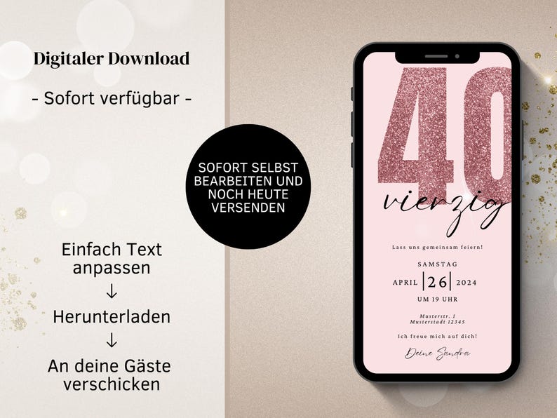 Convite digital para WhatsApp para aniversário de 40 anos | Convite eletrônico de aniversário para festa de 40 anos | Cartão de aniversário digital | Cartão eletrônico rosa imagem 2