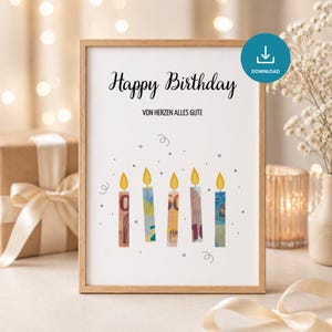 Könnte beinhalten: Eine gerahmte Geburtstagskarte mit den Worten "Happy Birthday" und "Von Herzen Alles Gute" in schwarzer Schrift. Die Karte zeigt fünf Kerzen mit Flammen, die jeweils mit farbenfrohen Währungen verziert sind. Ein Download-Symbol befindet sich in der oberen rechten Ecke.