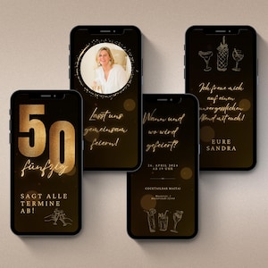 Digitale Einladung zum 50. Geburtstag | Whatsapp Einladung | eCard | Video Einladung animiert | Gold