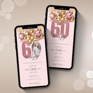 Digital WhatsApp invitation for a 60th birthday | Electronic birthday invitation for a 60th birthday party | Digital birthday card | eCard template with photo