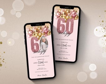 60歳の誕生日のためのデジタルWhatsApp招待状 | 60歳の誕生日パーティーのための電子誕生日招待状 | デジタルバースデーカード | 写真付きeカードテンプレート
