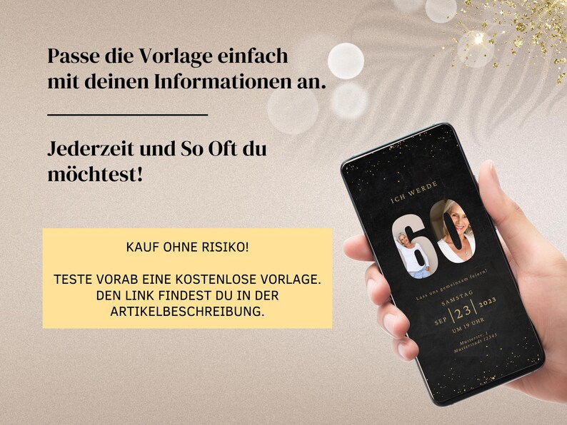 Cyfrowe zaproszenie WhatsApp na 60. urodziny | Elektroniczne zaproszenie na 60. urodziny | Cyfrowa kartka urodzinowa | Złota e-kartka ze zdjęciem zdjęcie 5
