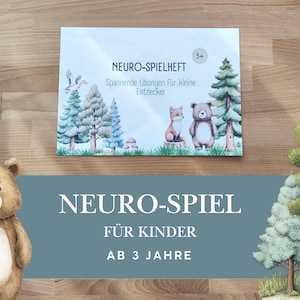 Könnte beinhalten: Ein Kinder-Aktivitätsbuch mit dem Titel "NEURO-SPIELHEFT" mit Illustrationen eines Fuchses, eines Bären und Bäumen. Das Buchcover zeigt den Text "Spannende Übungen Für kleine Entdecker" und "AB 3 JAHRE". Auf der linken Seite ist ein Cartoon-Bär.