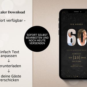 Cyfrowe zaproszenie WhatsApp na 60. urodziny | Elektroniczne zaproszenie na 60. urodziny | Cyfrowa kartka urodzinowa | Złota e-kartka ze zdjęciem zdjęcie 2