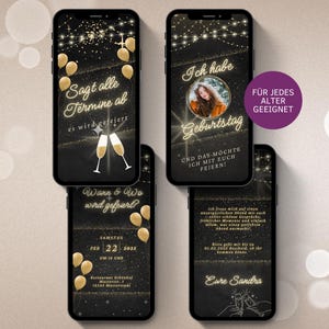 Digitale Whatsapp Einladung | elektronische Geburtstagseinladung Geburtstagsfeier | Geburtstagskarte digital | schwarz gold Party eCard